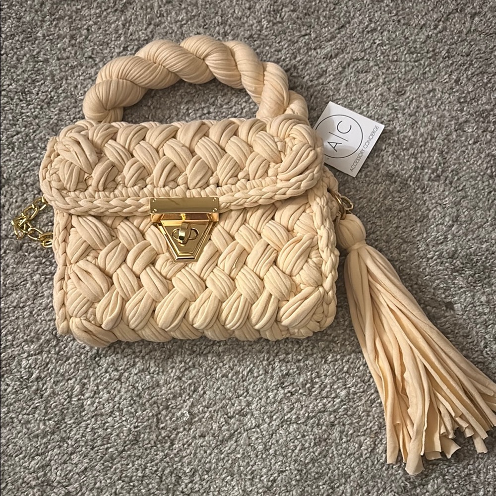 Woven Cream Handbag with Gold Accents